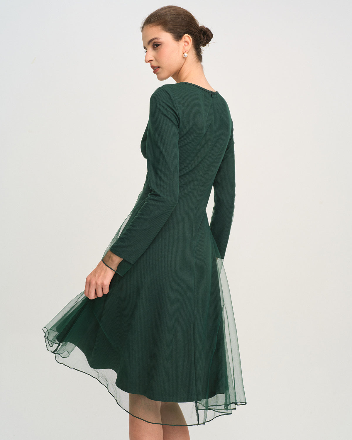 Yeşil Bisiklet Yaka Triko File Midi Elbise