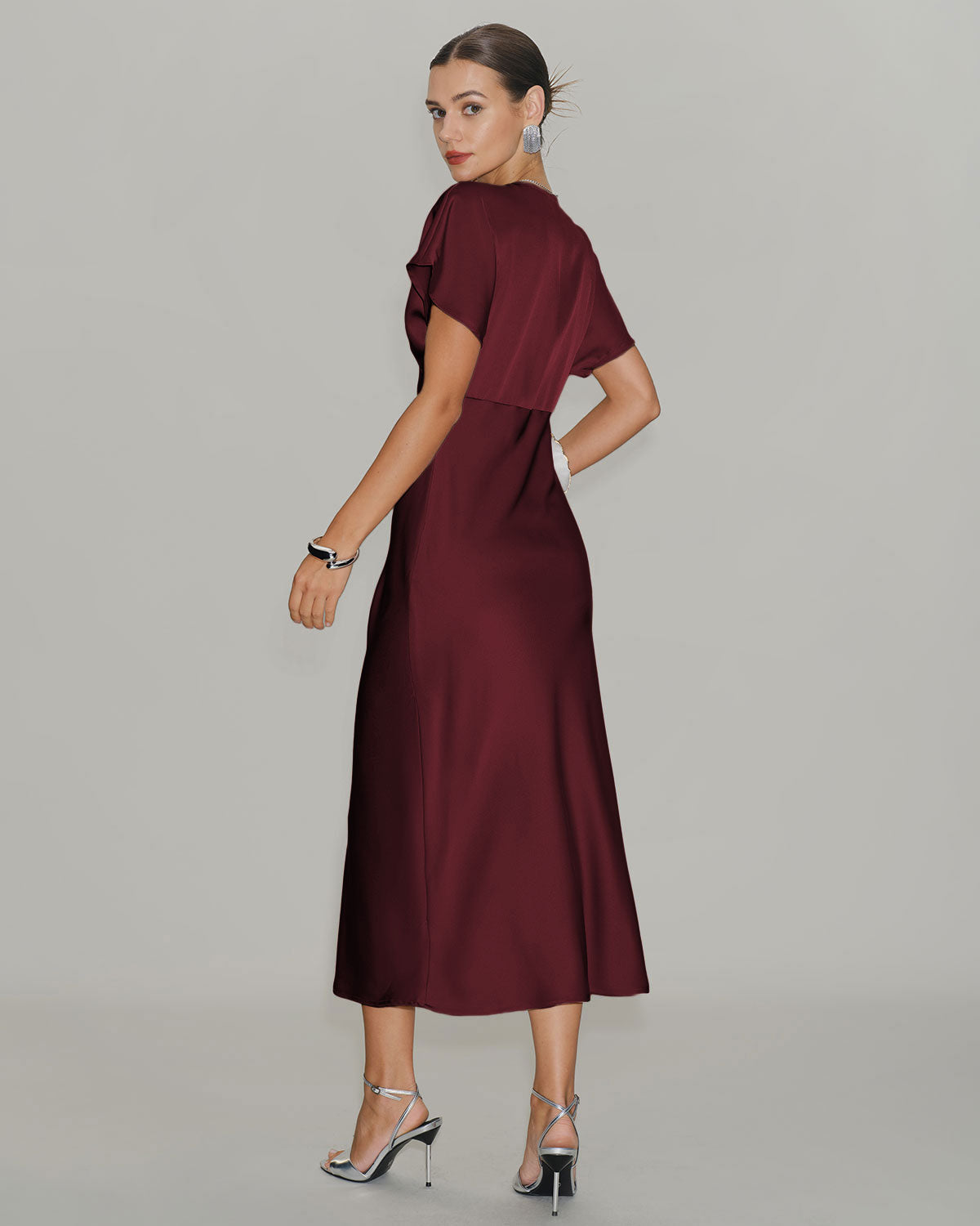 Şarap Kırmızısı Saten Cowl Sleeve Midi Elbise
