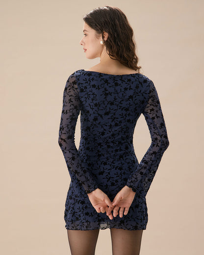 Kadın Mavi See-through Uzun Kollu Mini Elbise