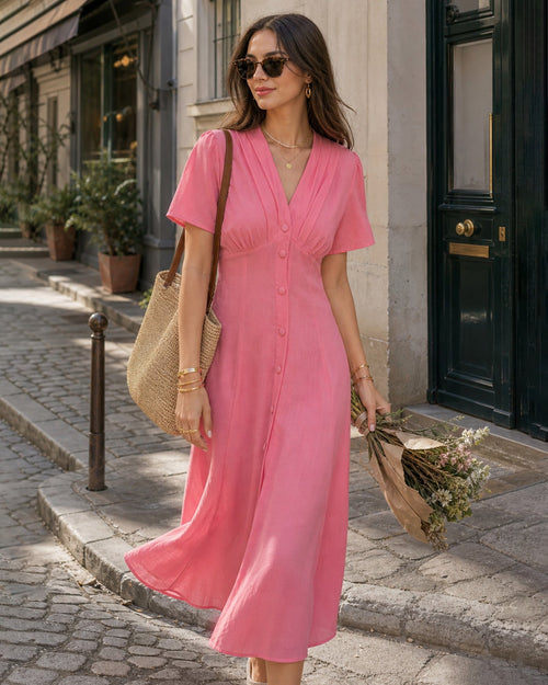 Pembe V Yaka Büzgülü Düğmeli Midi Elbise