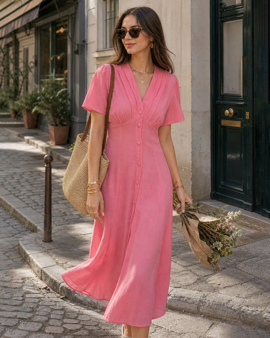 Pembe V Yaka Büzgülü Düğmeli Midi Elbise