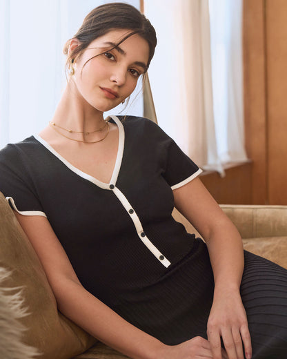 Siyah Contrasting Kazak Midi Elbise