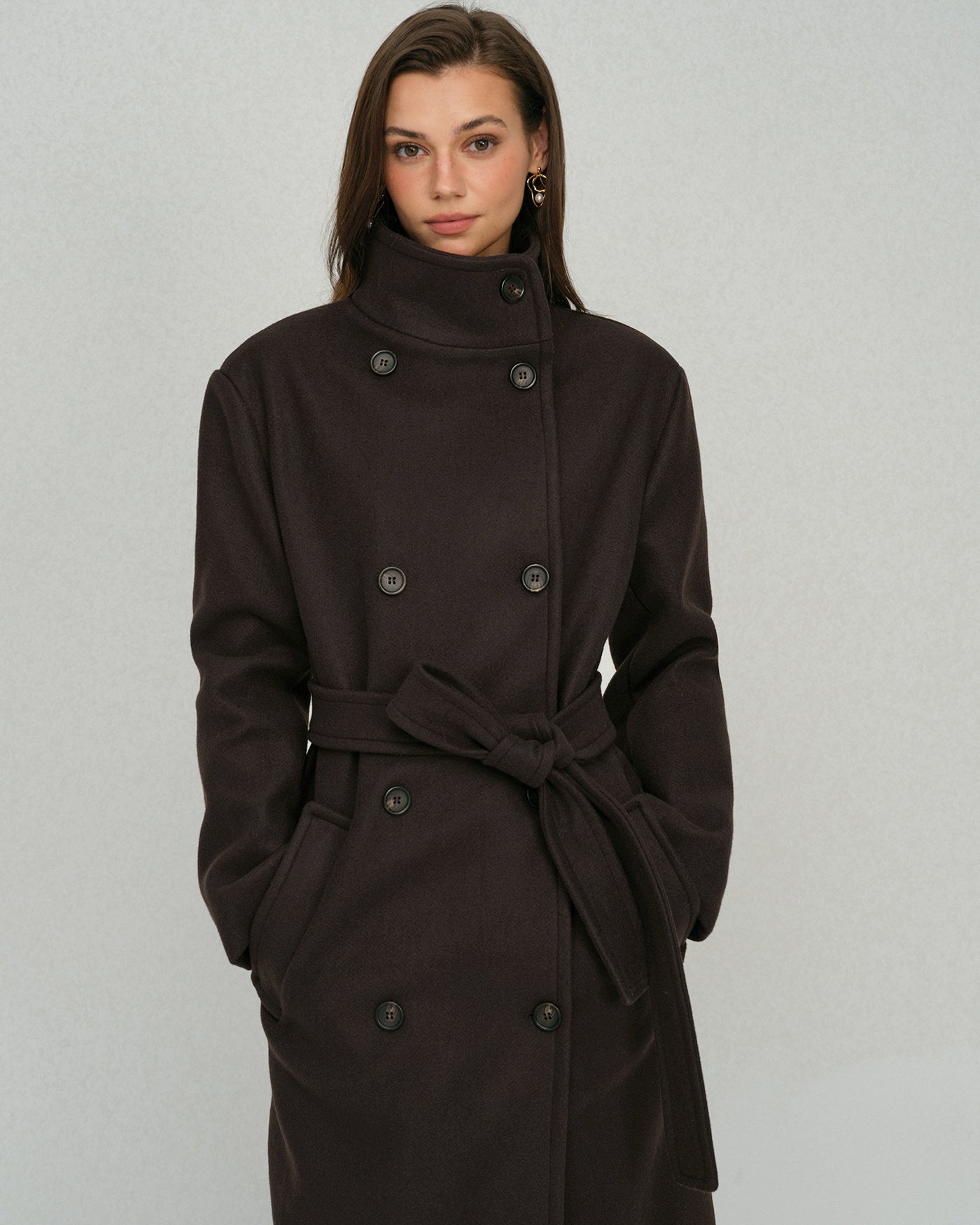 Kahve Kemerli Cepli Trench Kaban