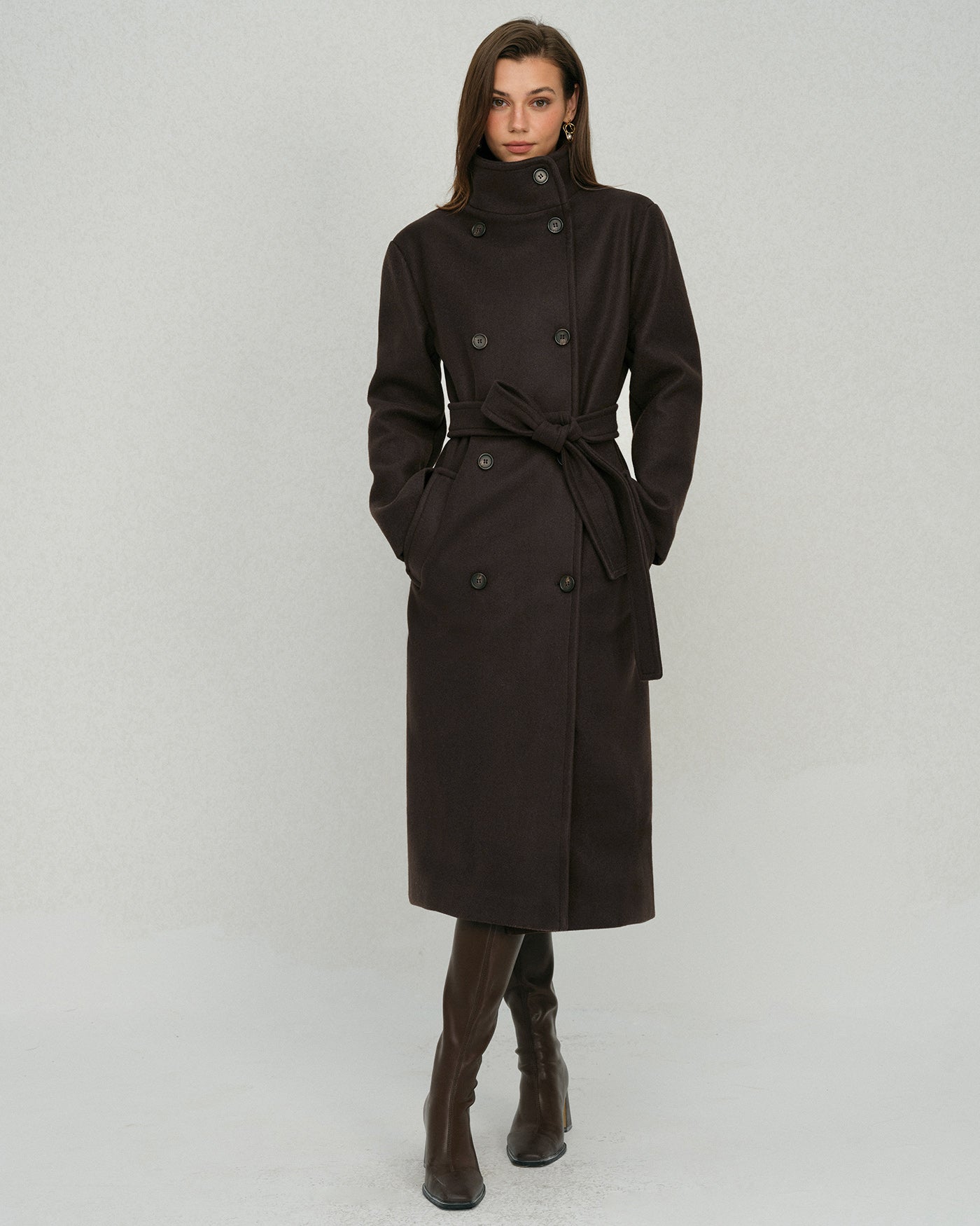 Kahve Kemerli Cepli Trench Kaban
