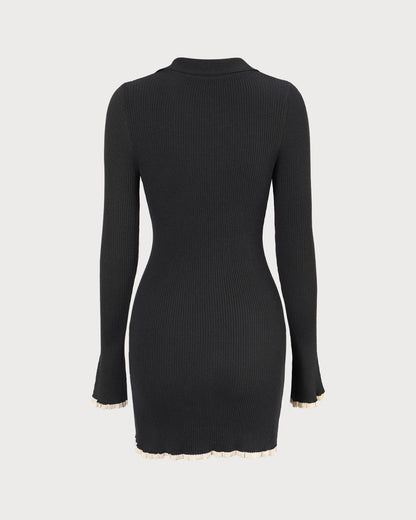 Siyah V Yaka Contrast Biyeli Triko Mini Elbise
