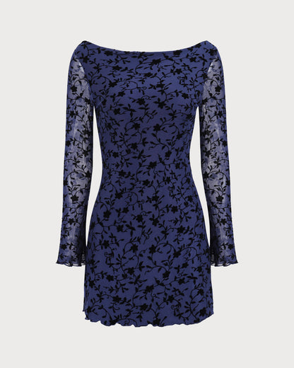 Kadın Mavi See-through Uzun Kollu Mini Elbise