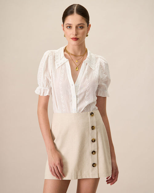 Kadın Beyaz Collared Dantelli Nakışlı Pamuk Bluz