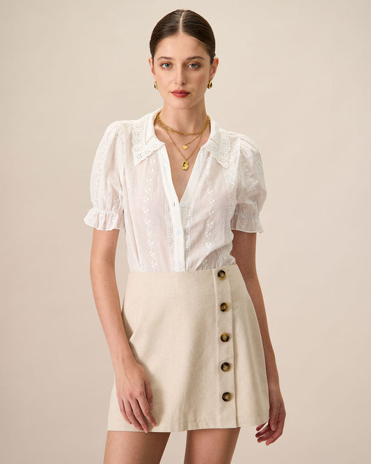 Kadın Beyaz Collared Dantelli Nakışlı Pamuk Bluz