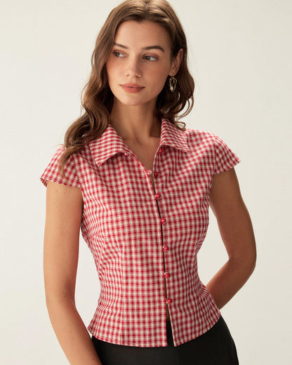 Kırmızı Ekose Kep Kollu Düğmeli Bluz
