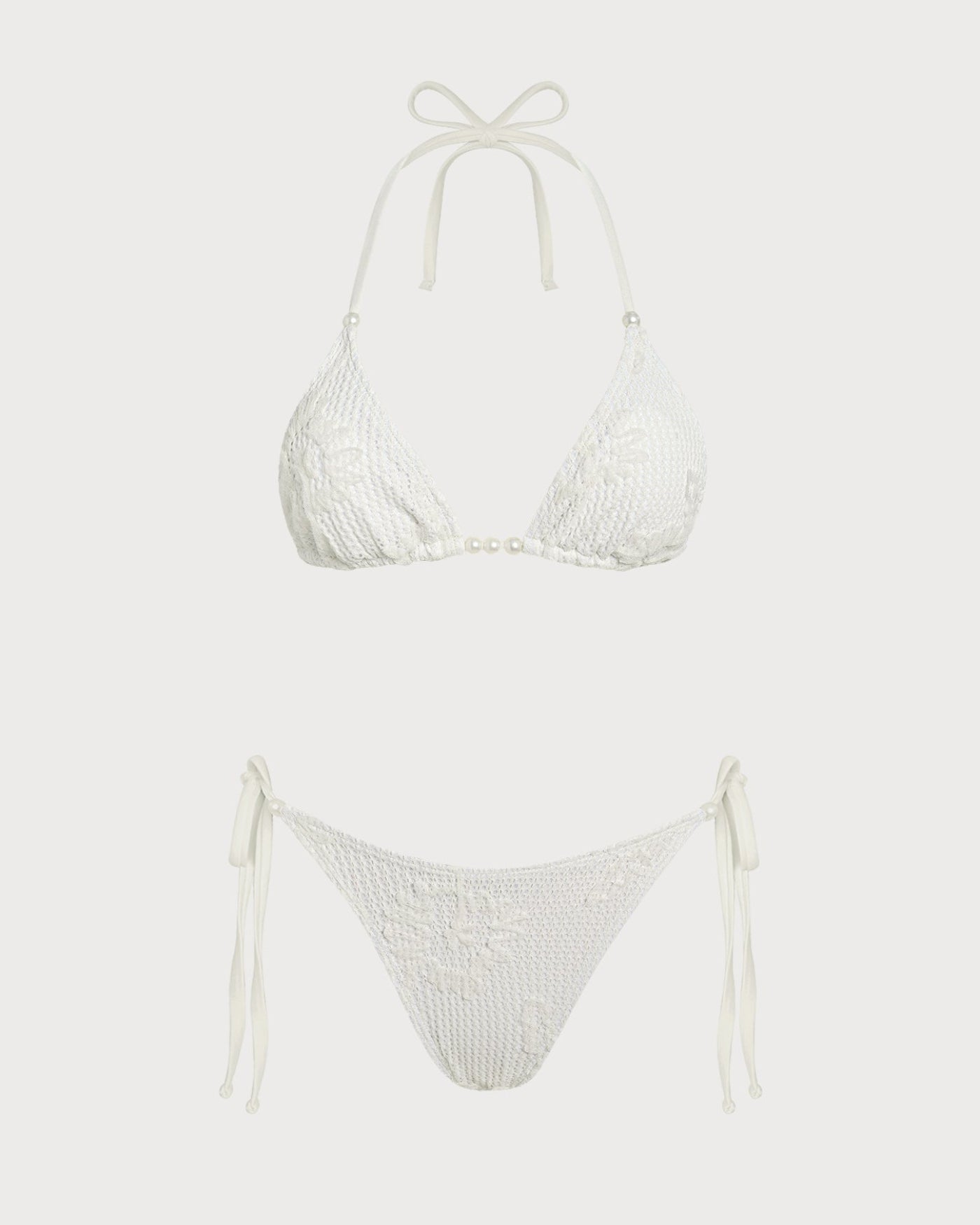 Off Beyaz Boyundan Bağlamalı Büzgü Bağlamalı Jakarlı Bikini Takımı