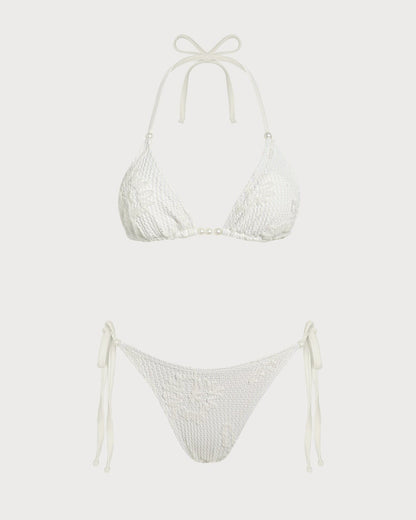 Off Beyaz Boyundan Bağlamalı Büzgü Bağlamalı Jakarlı Bikini Takımı