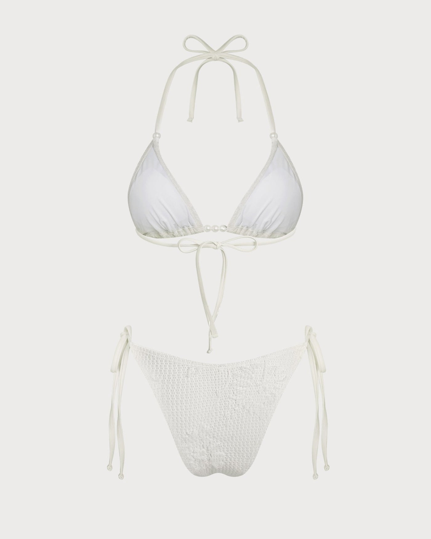 Off Beyaz Boyundan Bağlamalı Büzgü Bağlamalı Jakarlı Bikini Takımı