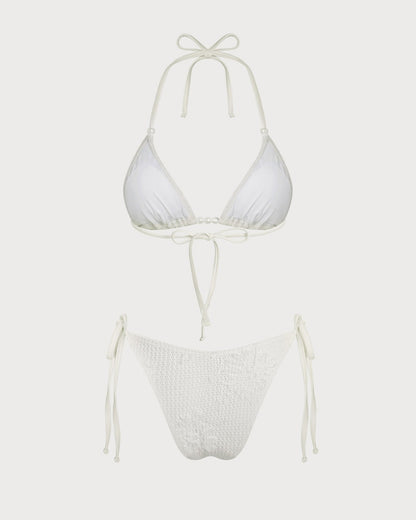 Off Beyaz Boyundan Bağlamalı Büzgü Bağlamalı Jakarlı Bikini Takımı