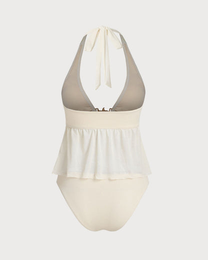 Off Beyaz Düşük Bel Boyundan Bağlamalı Tankini Takımı