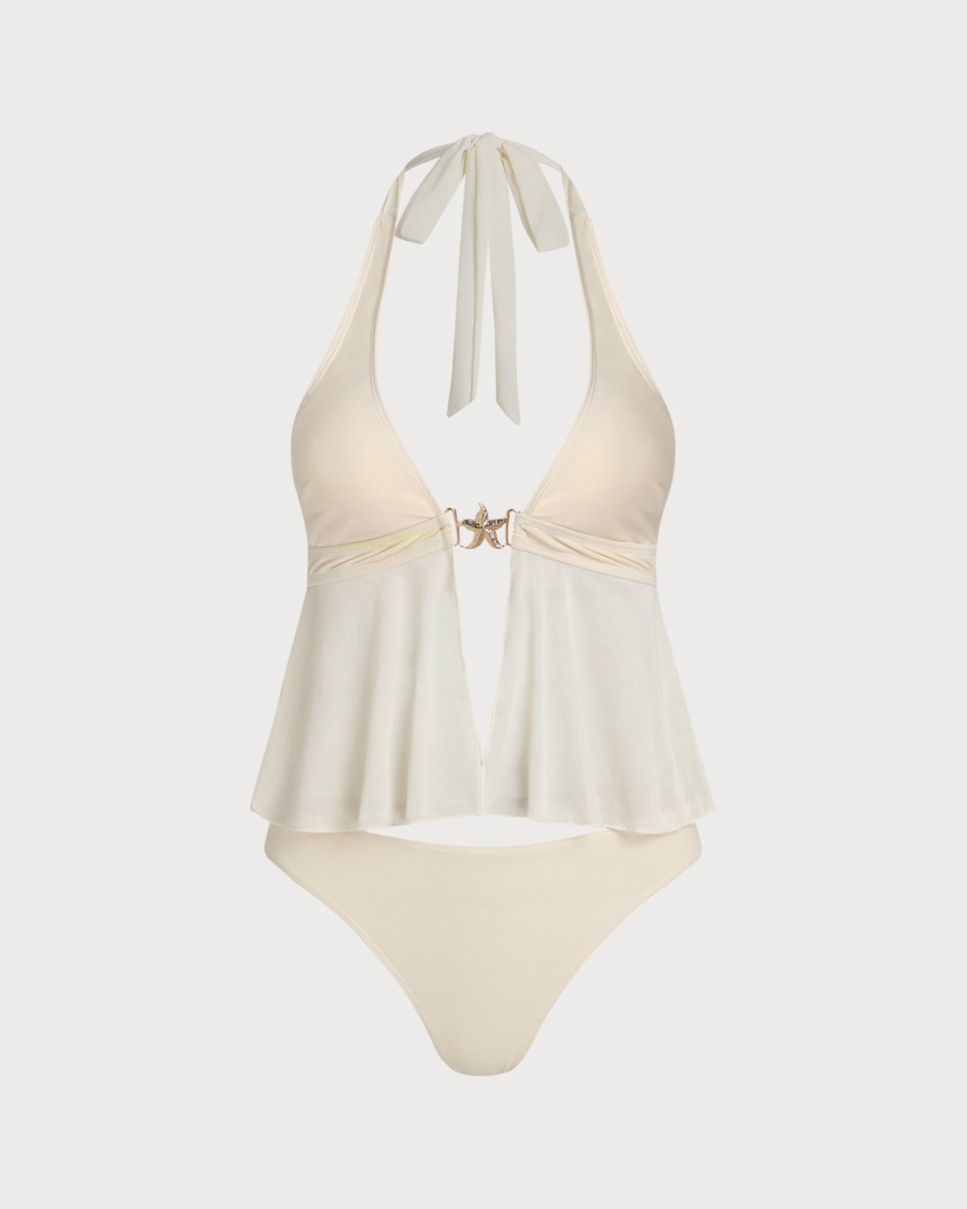 Off Beyaz Düşük Bel Boyundan Bağlamalı Tankini Takımı