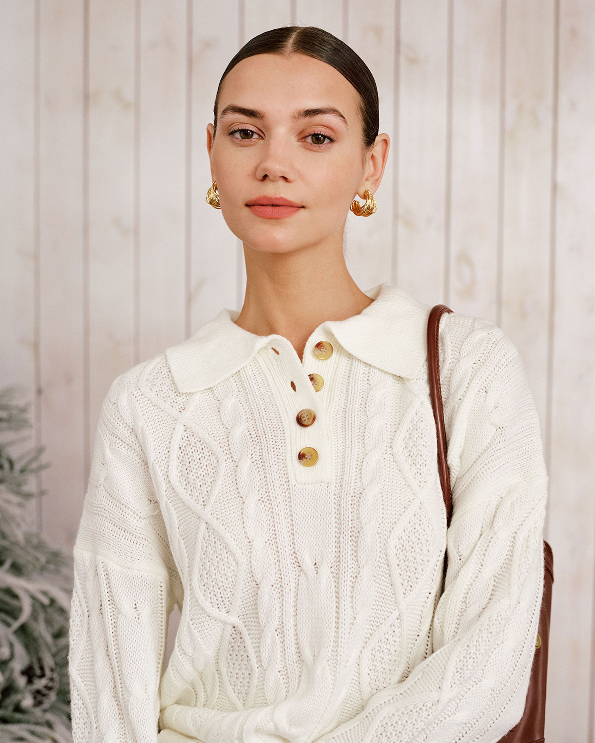 Bej Düşük Shoulder Düğmeli Kazak