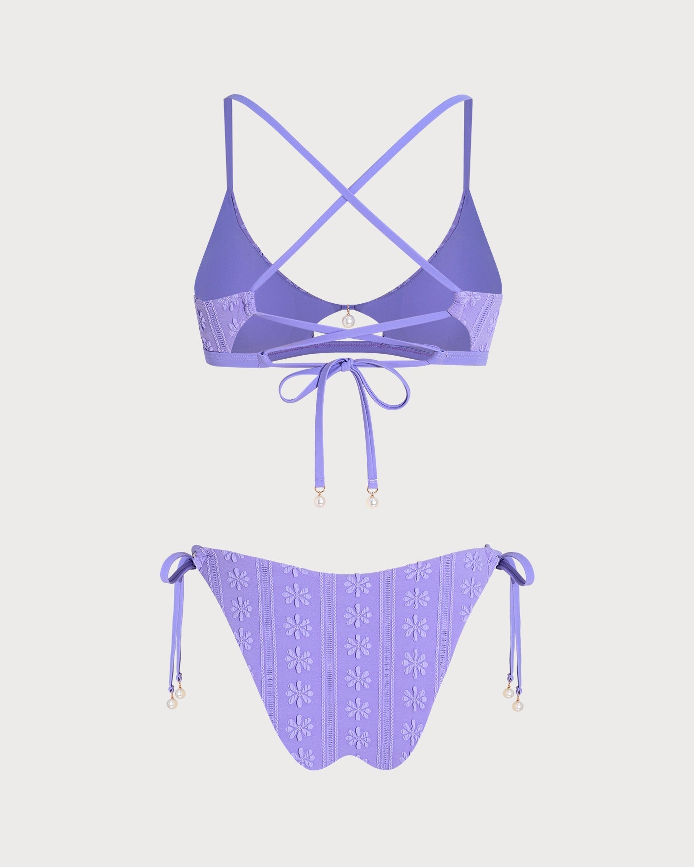Mor U Yaka Çiçek Desenli Büzgü Bağlamalı Bikini Takımı