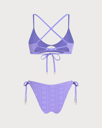 Mor U Yaka Çiçek Desenli Büzgü Bağlamalı Bikini Takımı
