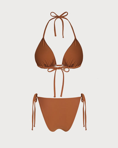 Kahverengi Boyundan Bağlamalı Tığ İşi Üçgen Bikini Takımı