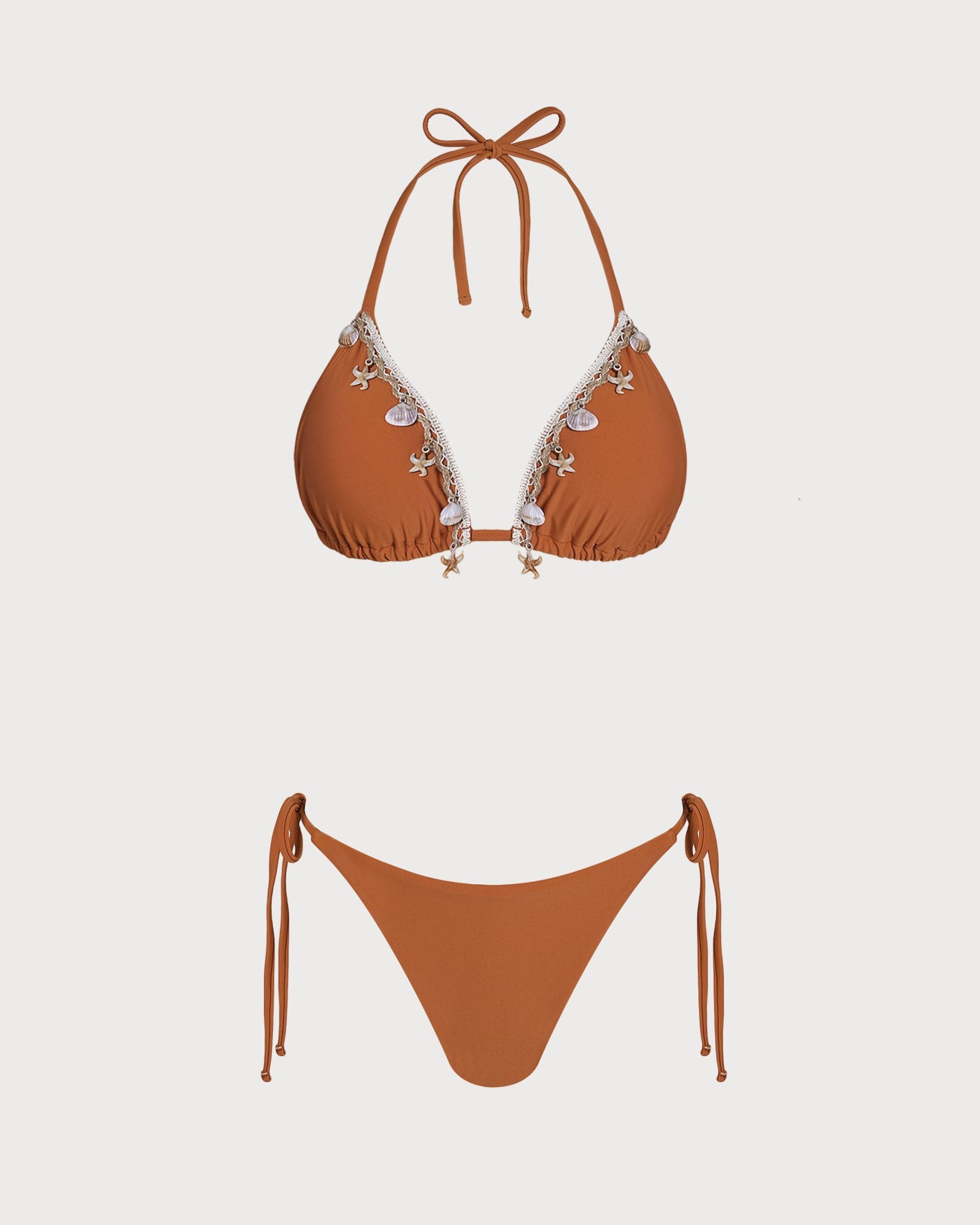 Kahverengi Boyundan Bağlamalı Tığ İşi Üçgen Bikini Takımı