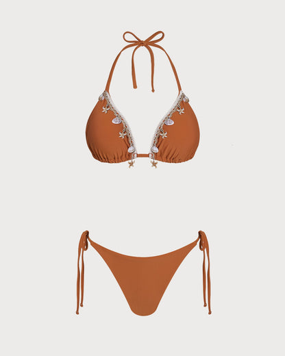 Kahverengi Boyundan Bağlamalı Tığ İşi Üçgen Bikini Takımı
