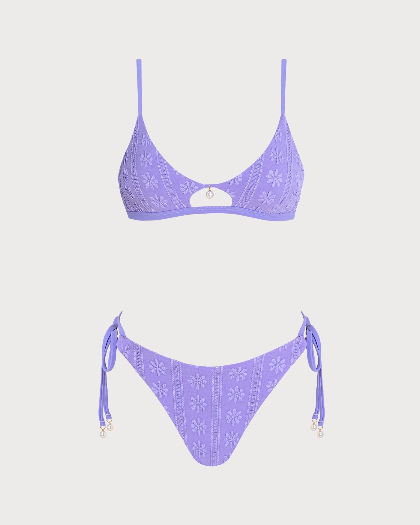 Mor U Yaka Çiçek Desenli Büzgü Bağlamalı Bikini Takımı