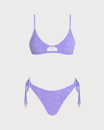 Mor U Yaka Çiçek Desenli Büzgü Bağlamalı Bikini Takımı