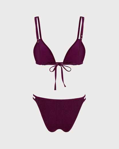 Şarap Kırmızısı Simli Üçgen Bikini Takımı