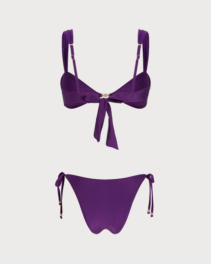 Mor Üçgen Büzgü Bağlamalı Bikini Takımı