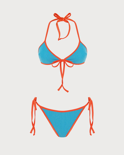 Mavi Boyundan Bağlamalı Contrasting Üçgen Bikini Takımı