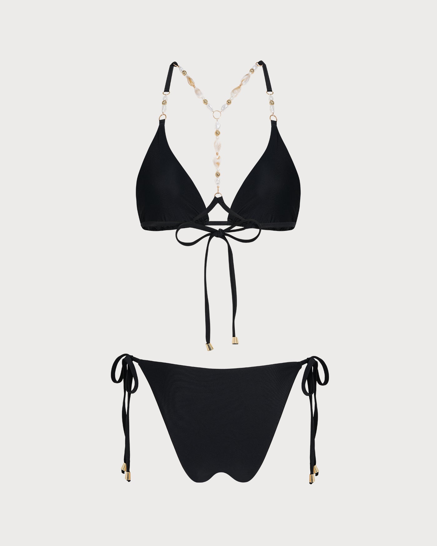 Siyah Bağlamalı Taş İşlemeli Üçgen Bikini Takımı
