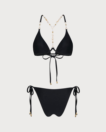 Siyah Bağlamalı Taş İşlemeli Üçgen Bikini Takımı