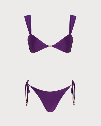 Mor Üçgen Büzgü Bağlamalı Bikini Takımı