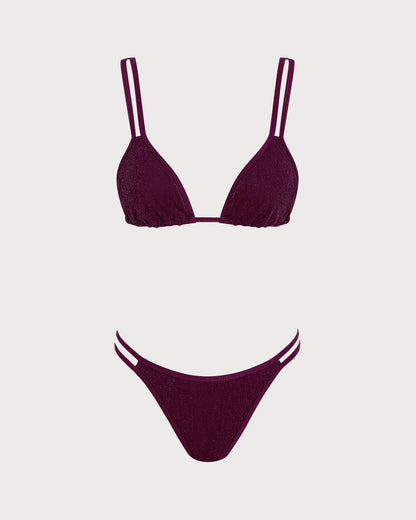 Şarap Kırmızısı Simli Üçgen Bikini Takımı