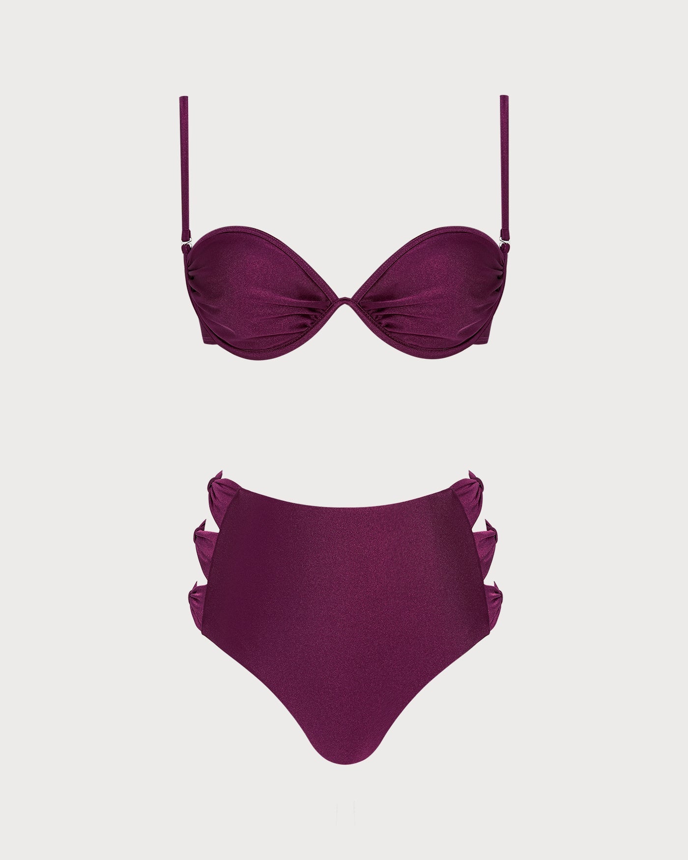 Şarap Kırmızısı Dekolteli Balenli Bikini Takımı