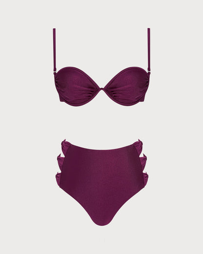 Şarap Kırmızısı Dekolteli Balenli Bikini Takımı