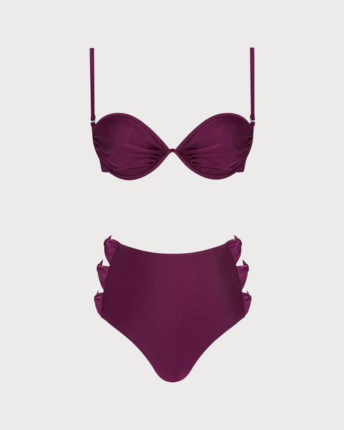 Şarap Kırmızısı Dekolteli Balenli Bikini Takımı