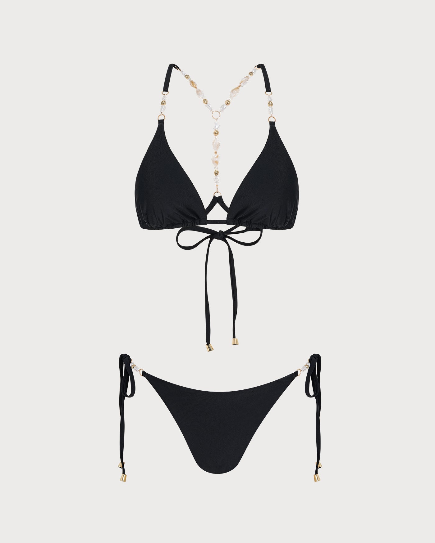 Siyah Bağlamalı Taş İşlemeli Üçgen Bikini Takımı