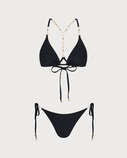 Siyah Bağlamalı Taş İşlemeli Üçgen Bikini Takımı