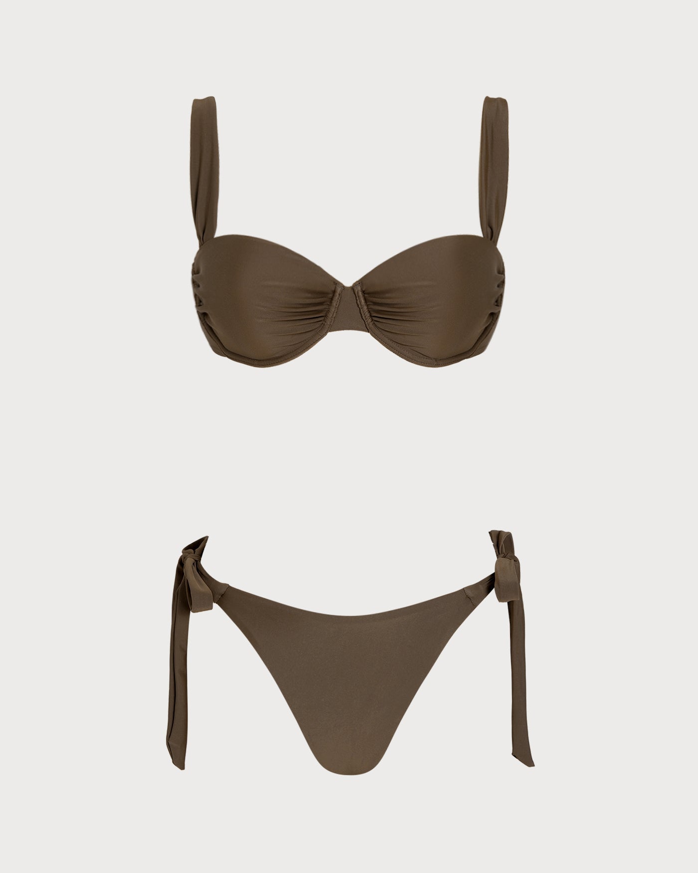 Kahve Büzgü Bağlamalı Balenli Bikini Takımı