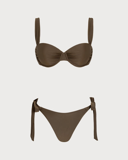 Kahve Büzgü Bağlamalı Balenli Bikini Takımı