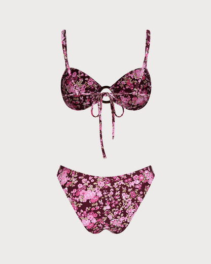 Şarap Kırmızısı O Halka Detaylı Çiçek Desenli Bralet Bikini Takımı