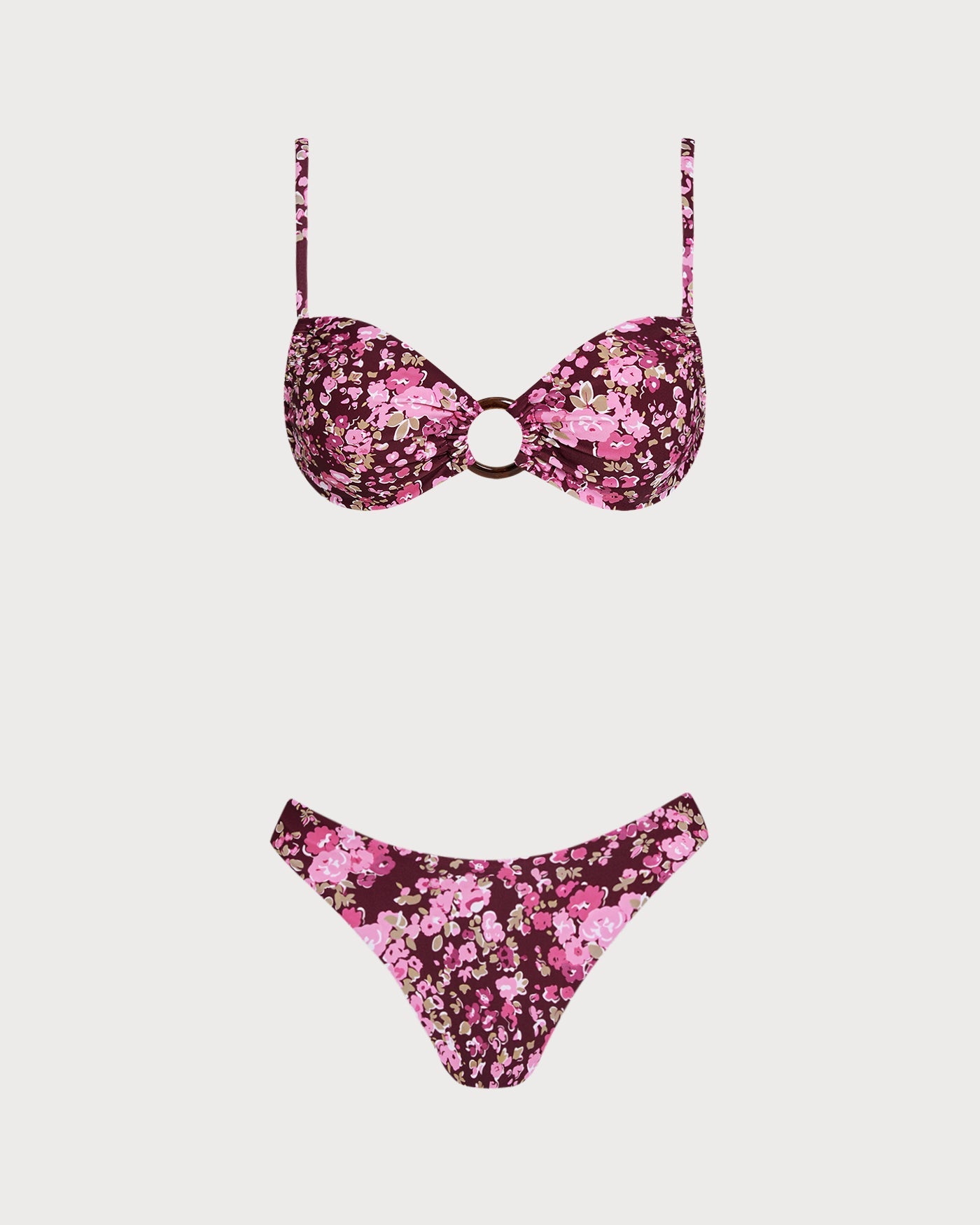 Şarap Kırmızısı O Halka Detaylı Çiçek Desenli Bralet Bikini Takımı