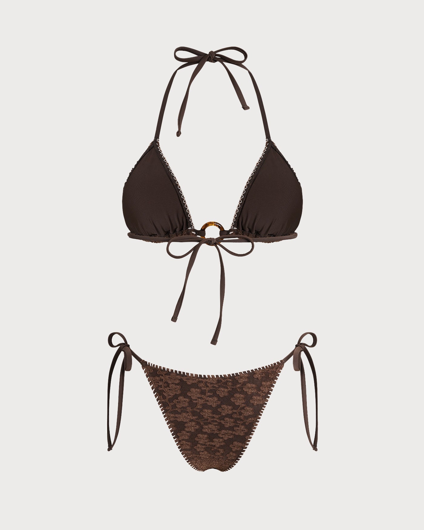 Kahverengi Boyundan Bağlamalı Dokulu Üçgen Bikini Takımı