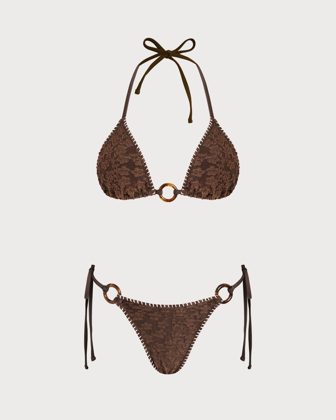 Kahverengi Boyundan Bağlamalı Dokulu Üçgen Bikini Takımı