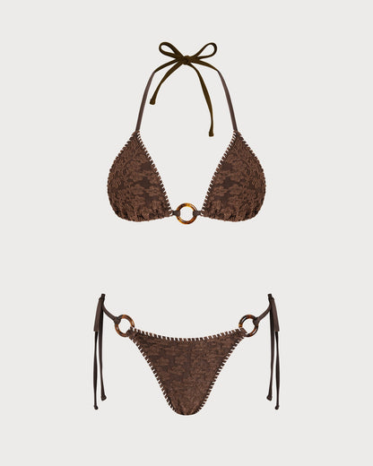 Kahverengi Boyundan Bağlamalı Dokulu Üçgen Bikini Takımı