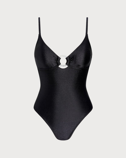 Siyah Düz Renk O Halka Detaylı Bralet Tek Parça Mayo