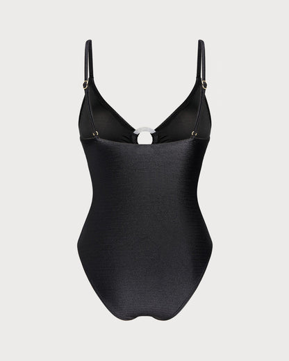 Siyah Düz Renk O Halka Detaylı Bralet Tek Parça Mayo