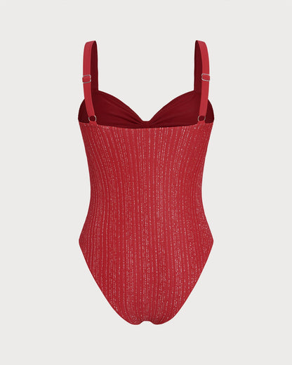 Kırmızı V Yaka Bralet Tek Parça Mayo