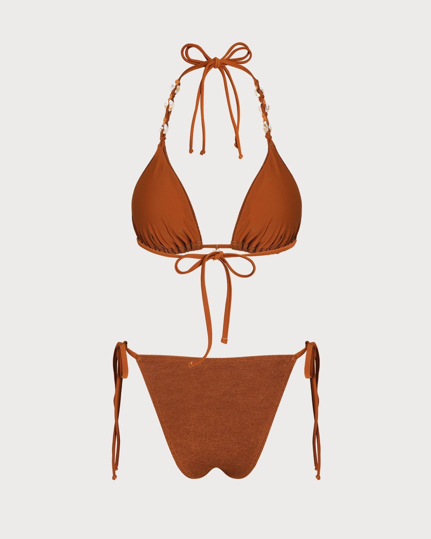 Kahverengi Boyundan Bağlamalı Büzgü Bağlamalı Üçgen Bikini Takımı